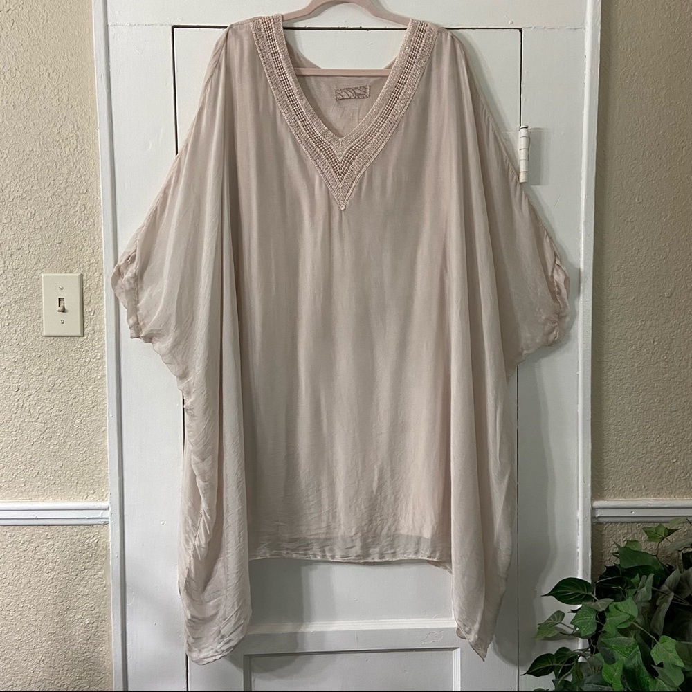 Italian Silk Blend-Blush-Sequin Lined V-Neck-Batwing Dress